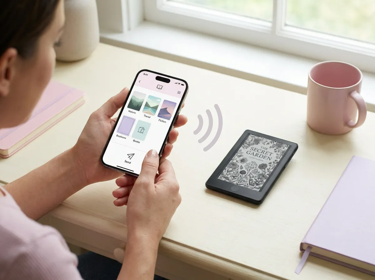 Telemóvel a enviar um livro para o mini leitor pousado na mesa
