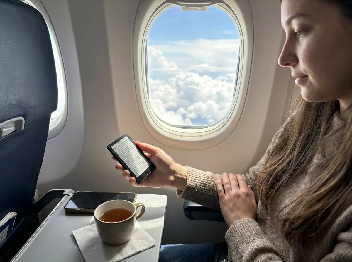 Leitora num avião a ler no mini leitor junto à janela