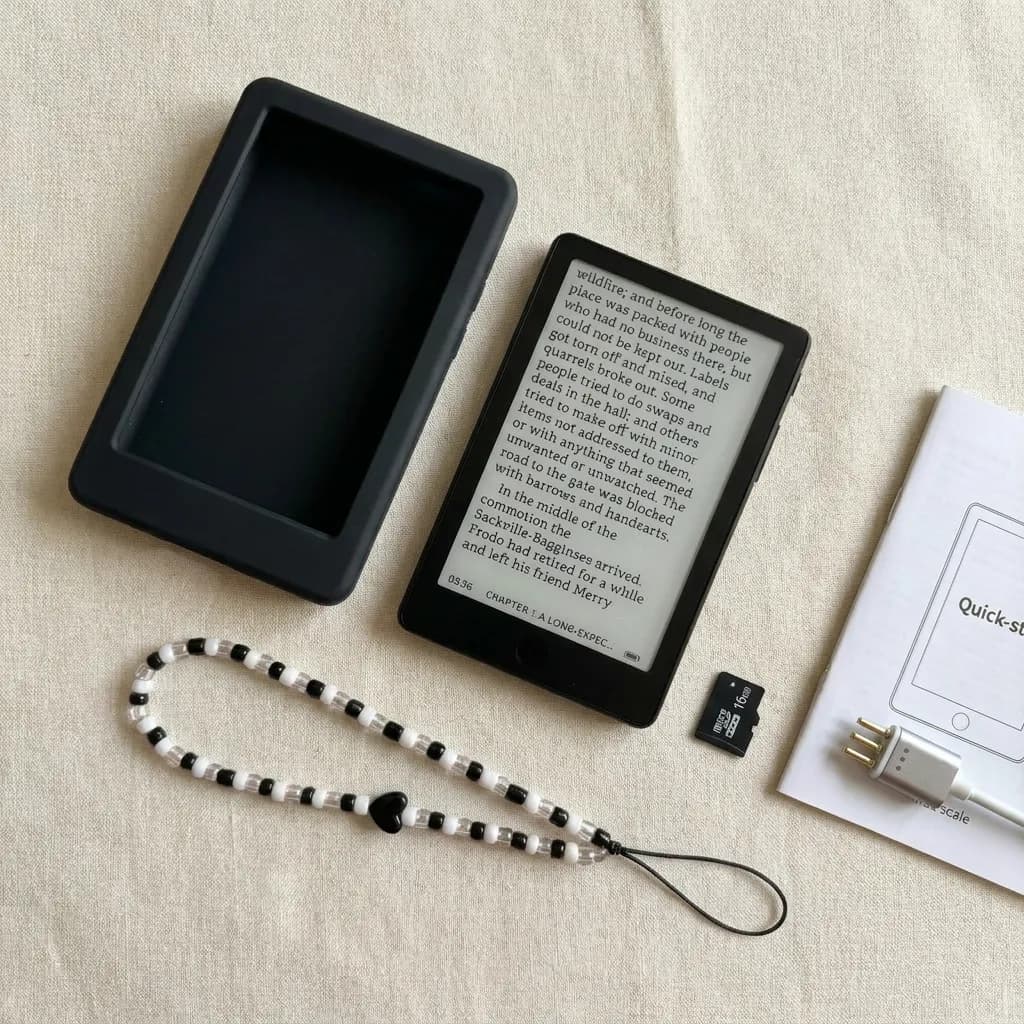 Kit completo preto: mini leitor, capa de silicone, cordão de missangas e cartão microSD de 16 GB