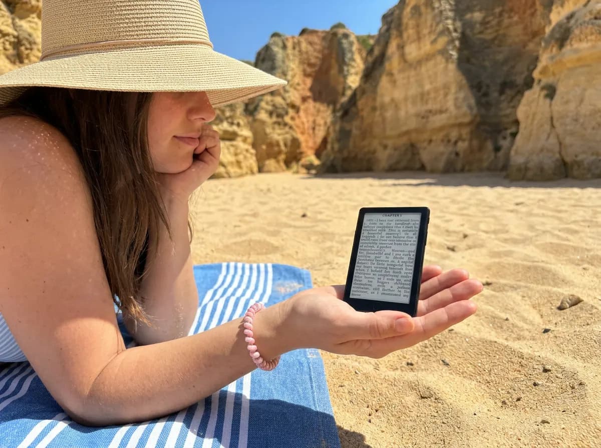 Leitora deitada na toalha numa praia da Costa Vicentina a ler ao sol